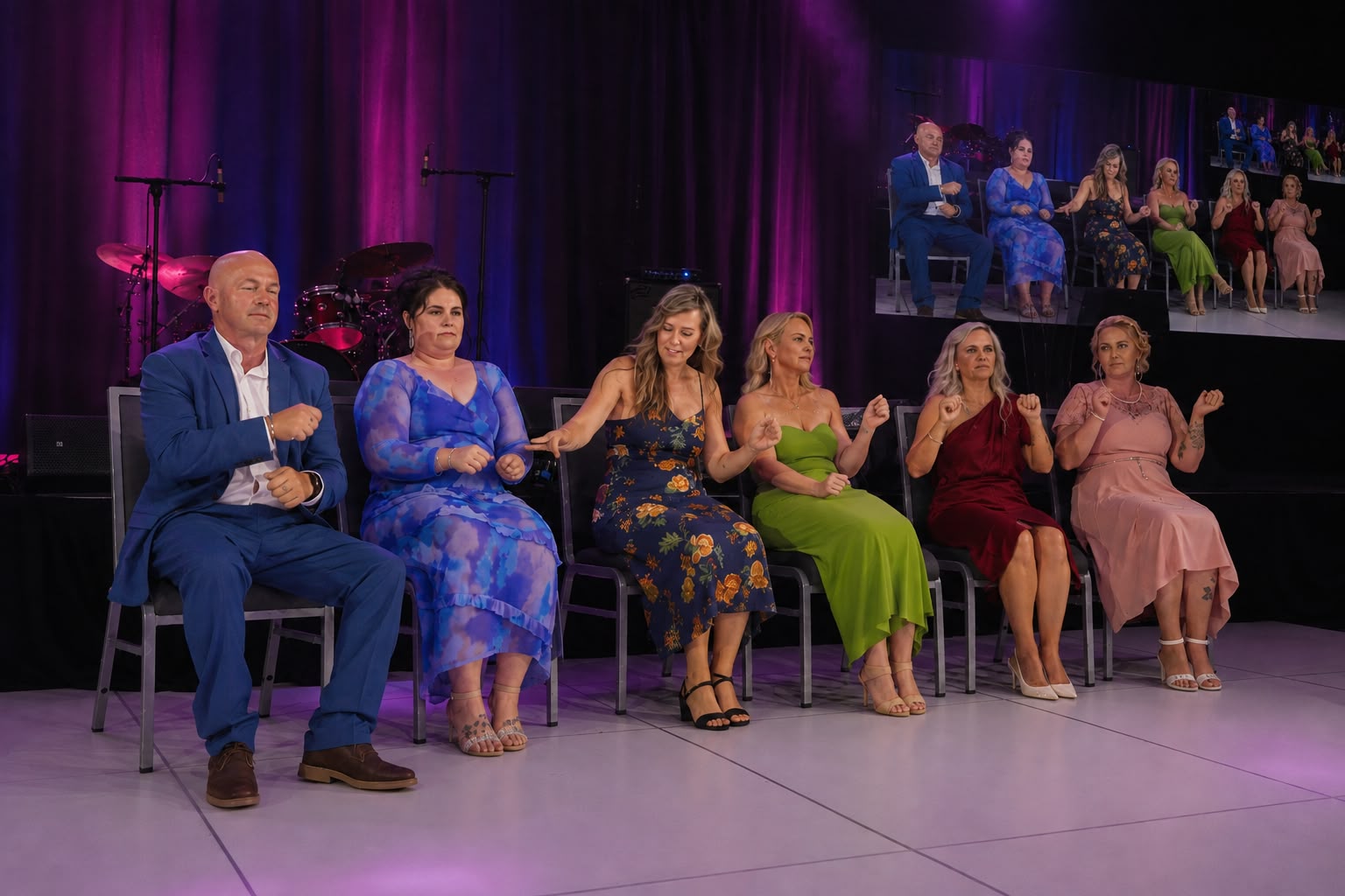 Six hypnotised volunteers in formal dress seated in a row at a gala dinner, hands held out in front of them